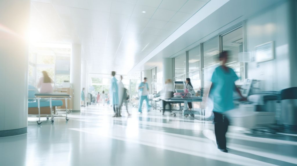 Busy hospital corridor with staff